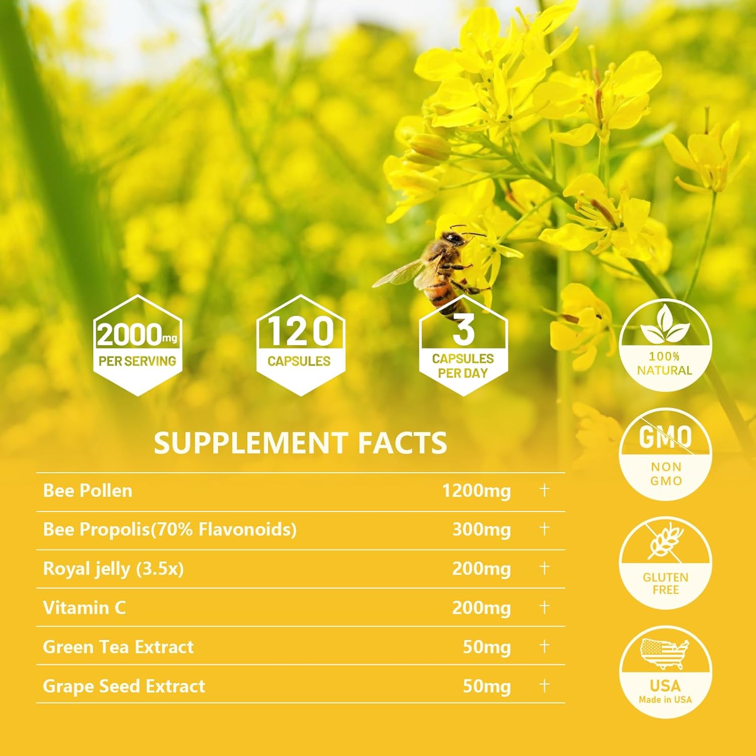 Ingreens Organic 6-In-1 Bee Pollen Supplement - 2000Mg Per Serving - Bee Pollen For Women & Men - Superfood For Immune & Energy Support - Non-Gmo, Made In Usa - 120 Capsules : Health & Household