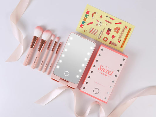 Mini Makeup Brushes Travel Set Capsule Brushes Led Mirror Brushes Multifunctional Eyebrow Brush Eye Shadow Powder Puff Blush Brush (Led Brush Set)