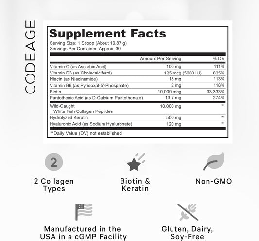 Codeage Marine Collagen Protein Powder Supplement, Biotin 10,000 Mcg, Vitamin C, D3 & B6, Keratin, Hyaluronic Acid, Niacin, Wild Caught Hydrolyzed Fish Collagen Peptides, Hair, Skin, Joints, 11.50 Oz