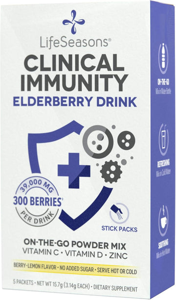 Lifeseasons Clinical Immunity - Elderberry Drink Mix - Protects & Fights For Healthy Immune Response - Immunity Booster - 3X Better Than Vitamin C - Serve Hot Or Cold - Vitamin C + D + Zinc - (5 Pack)