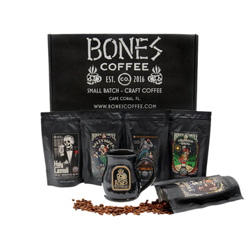 Bones Coffee Company Favorite Flavor Sample Pack with Specialty Mug | 4 oz Pack of 5 Assorted Flavor Whole Coffee Beans | Medium Roast Coffee Beverages (Whole)