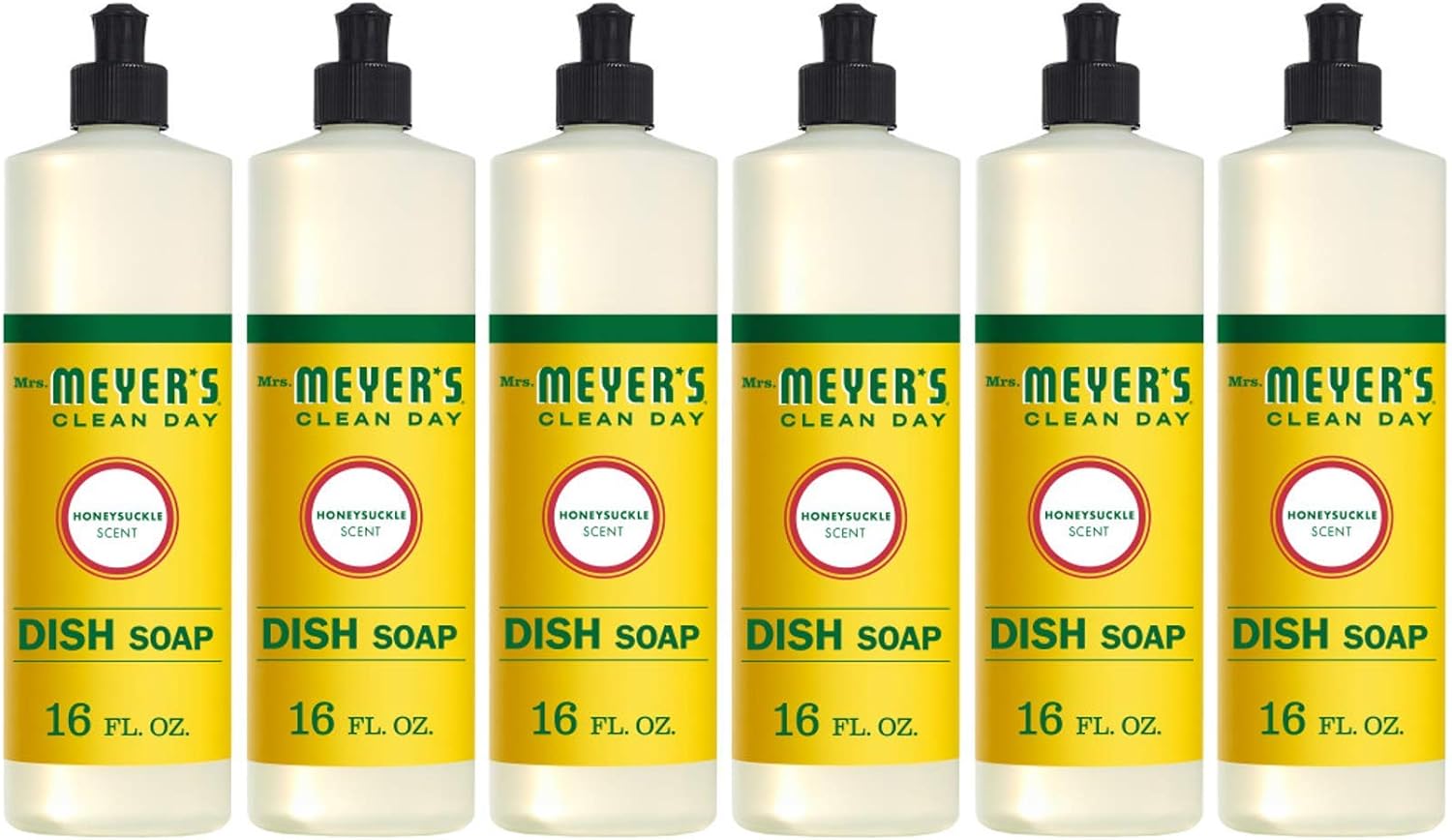 Mrs. Meyer's Clean Day Liquid Dish Soap, Cruelty Free Formula, Honeysuckle Scent, 16 oz- Pack of 6