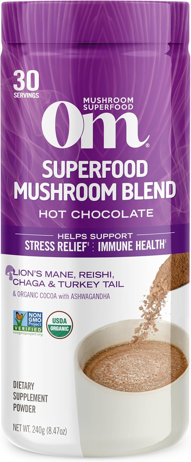 Om Mushroom Superfood Hot Chocolate Blend Mushroom Powder, 8.47 Ounce Canister, 30 Servings, Dutch Cocoa, 2G Of Sugar, 25 Calories, Lion'S Mane, Reishi, Chaga, Turkey Tail, Focus And Stress Support