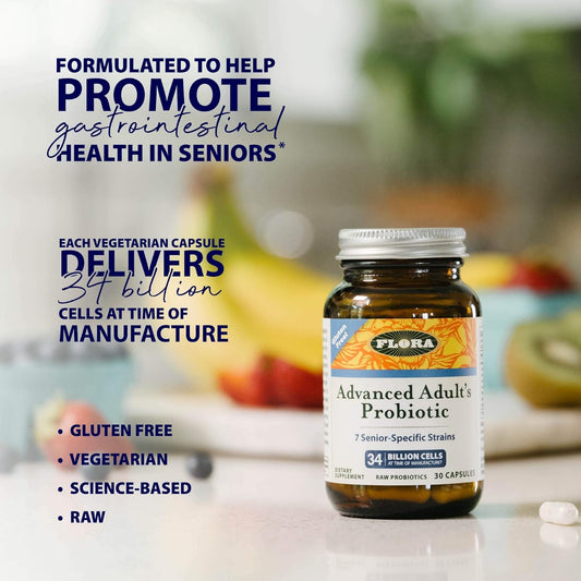 Flora - Advanced Adult'S Blend Probiotic, Seven Senior-Specific Strains, Gluten Free, Raw Probiotic With 34 Billion Cells, 60 Capsules