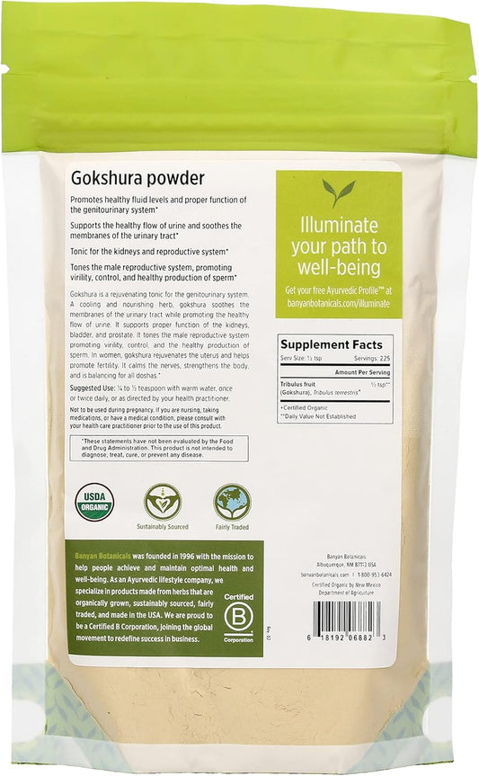 Banyan Botanicals Gokshura Powder– Organic Tribulus Terrestris Fruit – Rejuvenating Tonic for Kidney & Adrenal Health, Stress, and Male Vitality* – ½. – Non-GMO Fair for Life Fair Trade Certified