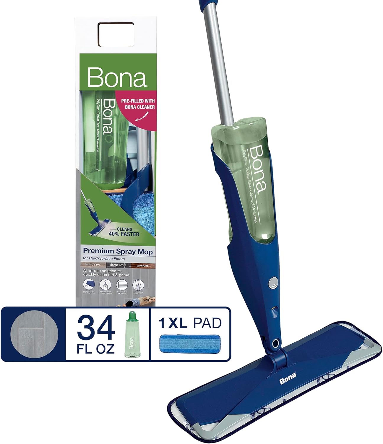 Bona Premium Multi-Surface Floor Spray Mop - Includes Multi-Surface Floor Cleaning Solution 34 fl oz and Machine Washable Microfiber Cleaning Pad - for Stone, Tile, Laminate, and Vinyl Floors