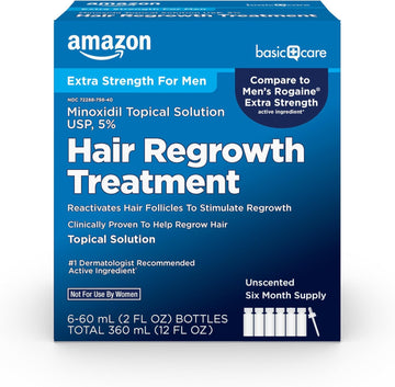 Amazon Basic Care Minoxidil Topical Solution Usp, 5 Percent, Hair Regrowth Treatment For Men, Extra Strength, 12 Fluid Ounces