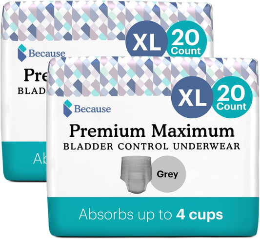 Because Premium Maximum Incontinence Underwear For Men - Heavy Bladder Leak Protection, Ideal For Overnight Leakage, Sleek, Invisible Fit, Grey, Xlarge - Absorbs 4 Cups - 40 Count (2 Packs Of 20)