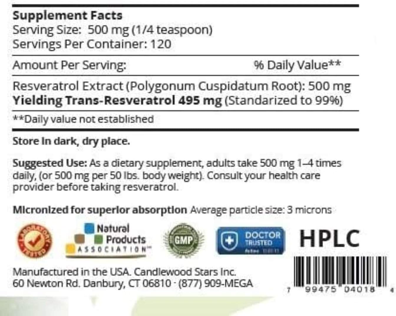 Mega Resveratrol Powder, Pharmaceutical Grade, 99% Pure Micronized Trans-Resveratrol, 60 Grams Powder, Purity Certified. Excipients Free
