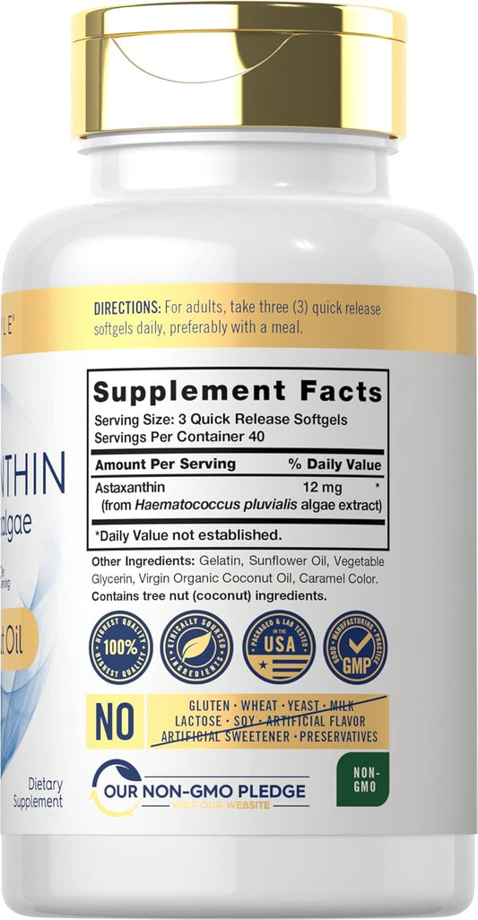 Carlyle Astaxanthin 12Mg | 120 Softgels | Supplement From Microalgae | With Coconut Oil | Non-Gmo & Gluten Free