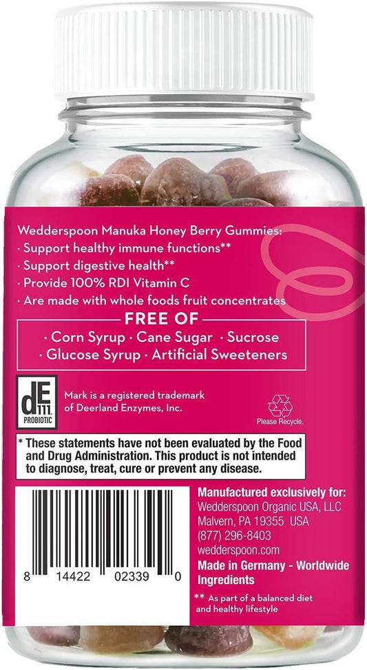 Wedderspoon Manuka Honey Immunity Gummies, Mixed Berry, 90 Count | Chewable| Vitamin C & Probiotic Support