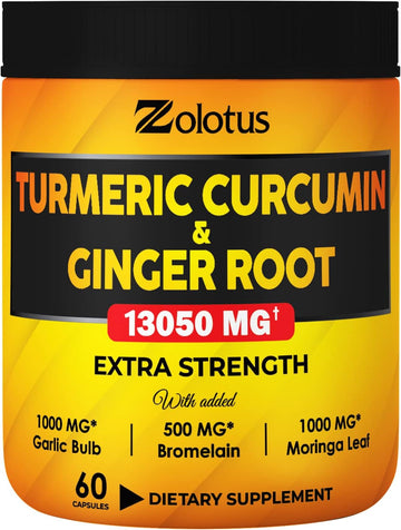 6 in 1 Turmeric Curcumin + Ginger Capsules, 95% Curcuminoids, Equivalent to 13050mg, with Ginger, Garlic Bulb, Bromelain, Moringa, Black Pepper, Joint & Absorption Support