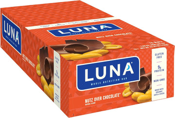 Luna Bar - Nutz Over Chocolate Flavor - Gluten-Free - Non-Gmo - 7-9G Protein - Made With Organic Oats - Low Glycemic - Whole Nutrition Snack Bars - 1.69 Oz. (15 Count)