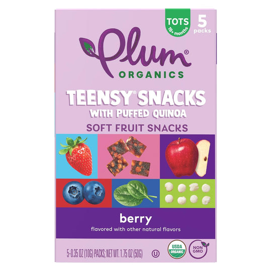 Plum Organics Teensy Snacks Soft Fruit Snacks - Berry with Puffed Quinoa - 0.35 oz Bags (Pack of 5) - Organic Toddler Food Fruit Snacks