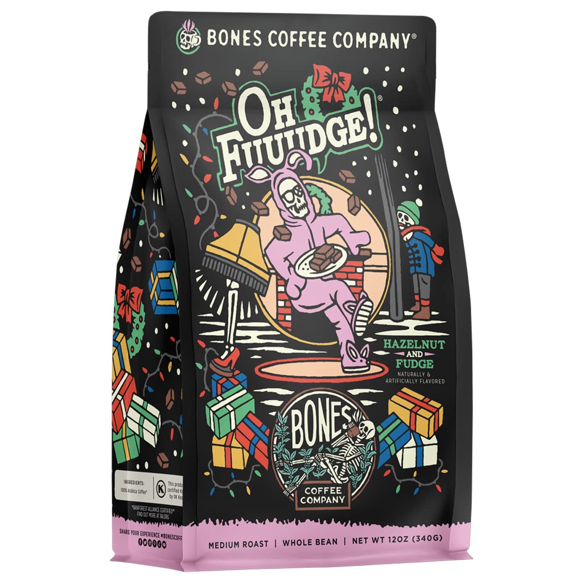 Bones Coffee Company Oh Fuudge! Flavored Coffee Beans, Whole Bean Coffee Medium Roast Low Acid, Pumpkin Spice Flavor (12 Oz)