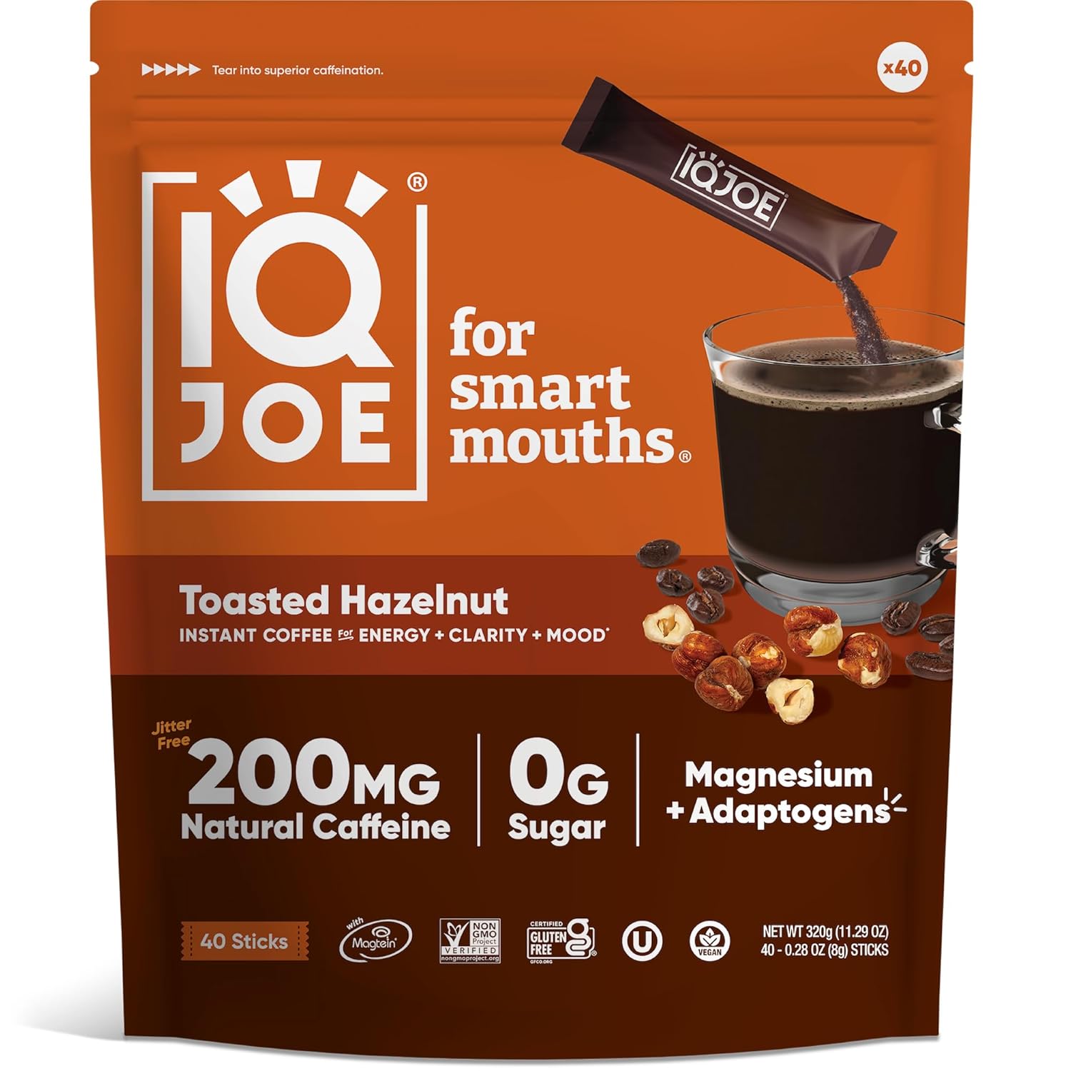 Iqjoe Instant Mushroom Coffee Packets With Lion’S Mane And Magtein Magnesium L-Threonate - Toasted Hazelnut - Clarity And Mood Enhancing - Sugar Free, Keto, Vegan - 200Mg Natural Caffeine - 40 Count