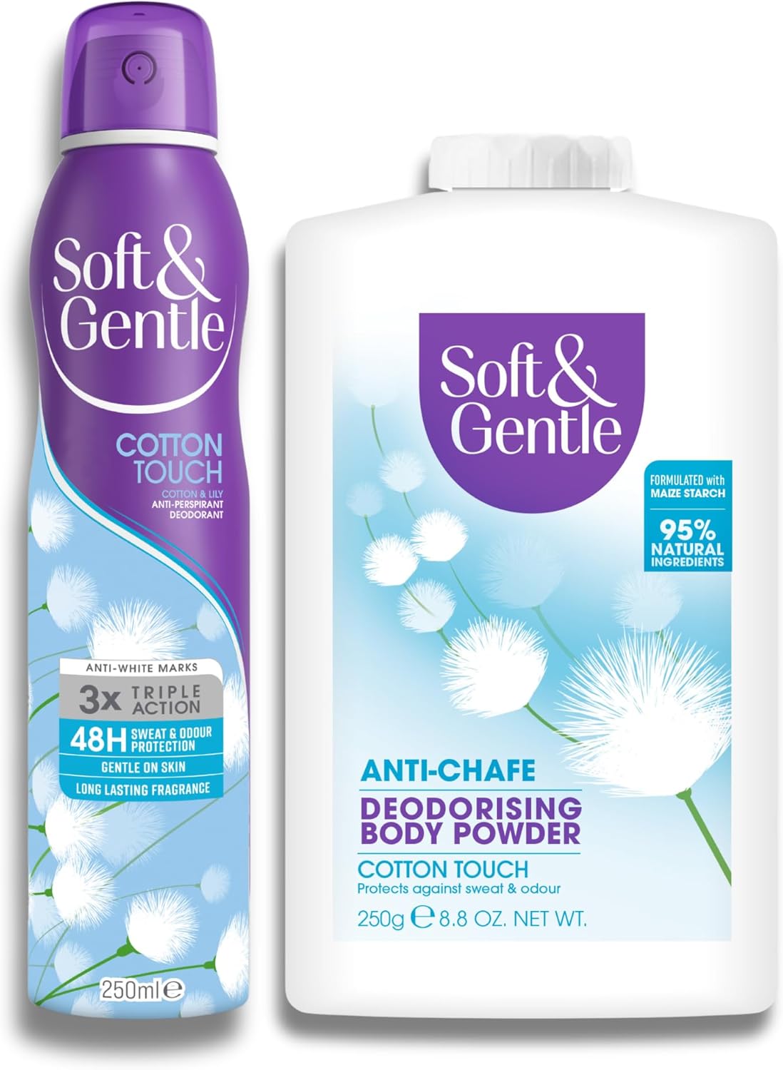 Soft & Gentle Fresh Cotton Talc Free Cotton Body Powder 250G + Cotton Touch Anti-Perspirant Deodorant Spray, 250Ml