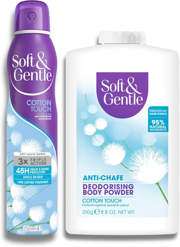Soft & Gentle Fresh Cotton Talc Free Cotton Body Powder 250G + Cotton Touch Anti-Perspirant Deodorant Spray, 250Ml