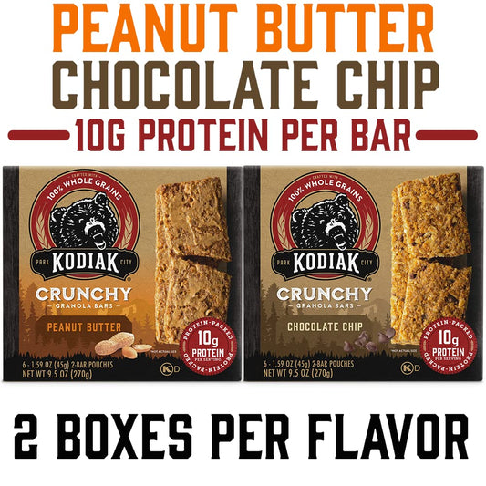 Kodiak Cakes Crunchy Granola Bar Variety Pack - Peanut Butter (2 boxes) and Chocolate Chip (2 boxes) High Protein Granola Bar Snack - 100% Whole Grain Granola Bars Bulk - (24) Total Pouches