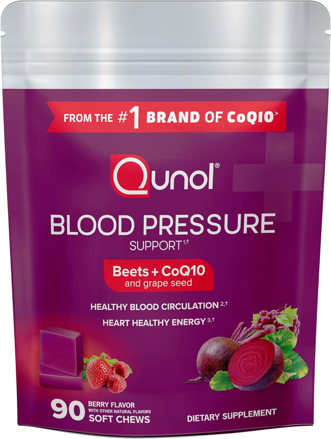 Qunol Beets Chews for Blood Pressure Support, 3 in 1 Beets + CoQ10 + Grape Seed Extract, Supports Healthy Blood Circulation & Heart Healthy Energy, 90 Chews
