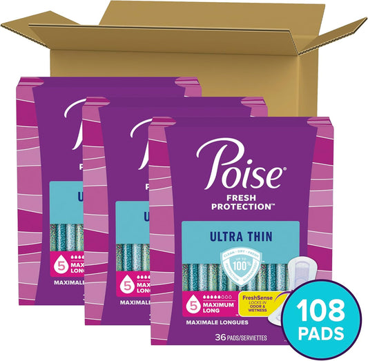 Poise Ultra Thin Incontinence Pads & Postpartum Incontinence Pads, 5 Drop Maximum Absorbency, Long Length, 108 Count (3 Packs Of 36), Packaging May Vary