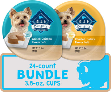 Blue Buffalo Delights Natural Adult Small Breed Wet Dog Food Cups, Pate Style, Roasted Turkey & Grilled Chicken 3.5-Oz (24 Count - 12 Of Each Flavor)