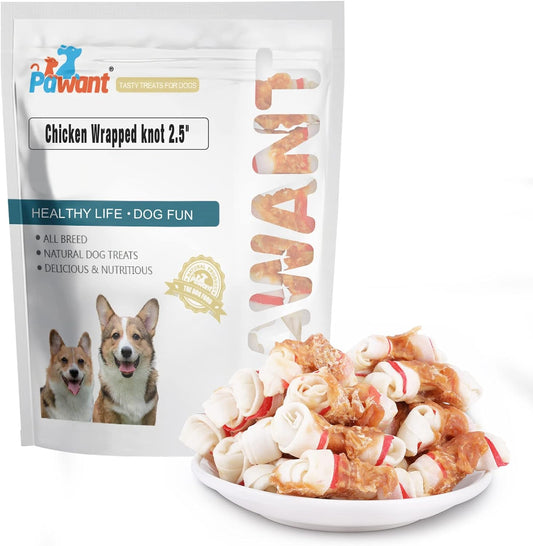 Dog Treats Chicken Wrapped Rawhide Bones for Small Dog Treats Puppy Chews Snacks Promotes Healthy Chewing Chicken Wrapped Knot 2.5" 0.5lb