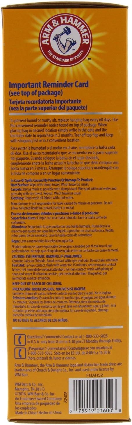 Arm & Hammer Moisture Absorber & Odor Eliminator, 453G Hanging Bag, 2 Pack (4 Bags Total), Passive Dehumidifier