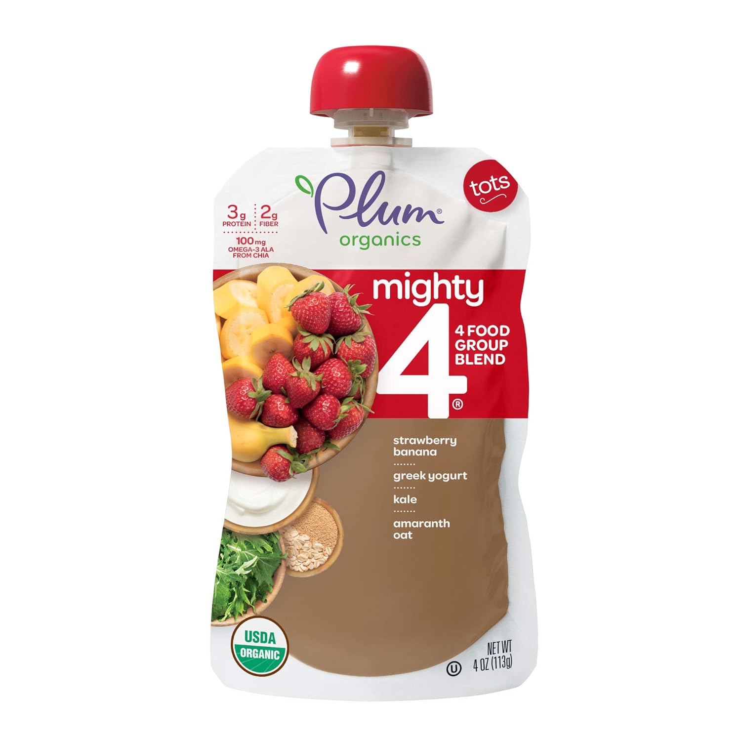 Plum Organics Tots Mighty 4 Toddler Food, Strawberry, Banana, Kale, Greek Yogurt, Oat And Amaranth, 4 Ounce (Pack Of 6)