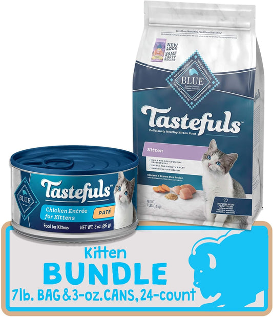 Blue Buffalo Tastefuls Natural Kitten Food Bundle, Dry Cat Food And Wet Cat Food, Chicken (7-Lb Dry Food + 3Oz Cans 24 Ct)