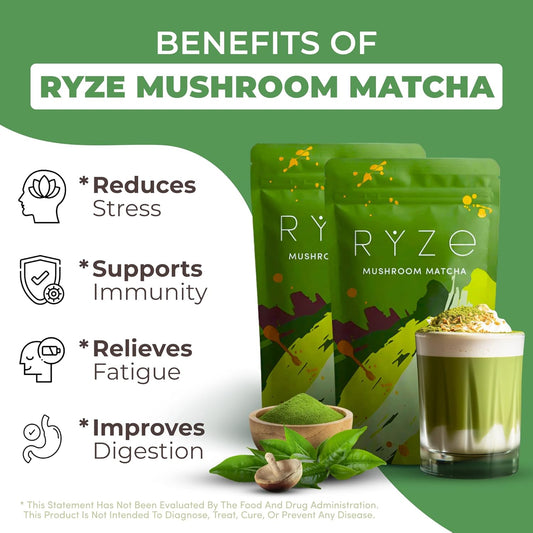 Ryze Mushroom Matcha Starter Kit | Matcha Bundle | 6 Adaptogenic Mushrooms | Usda Organic | Ceremonial-Grade Japanese Matcha | Usa Grown | Better Energy, Focus, Digestion, Immunity | 60 Servings