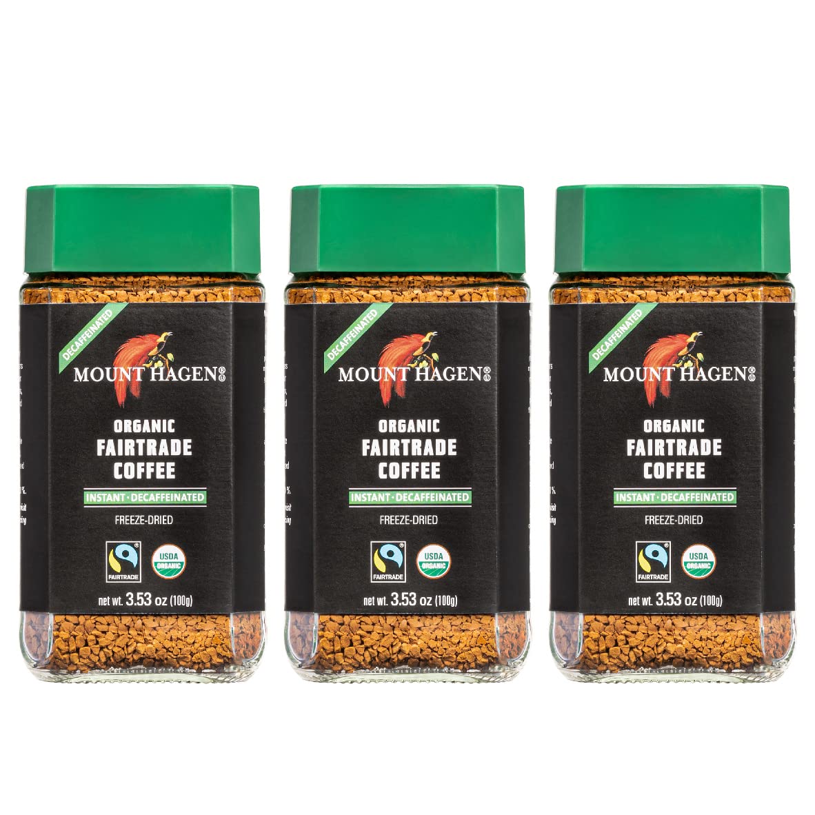 Mount Hagen 3.53oz Organic Freeze Dried Instant Decaf Coffee- 3 Pack | Eco-friendly Decaf Coffee Made From Organic Medium Roast Arabica Beans | Fair-Trade Instant Coffee Decaffeinated [3x 3.53oz Jar]