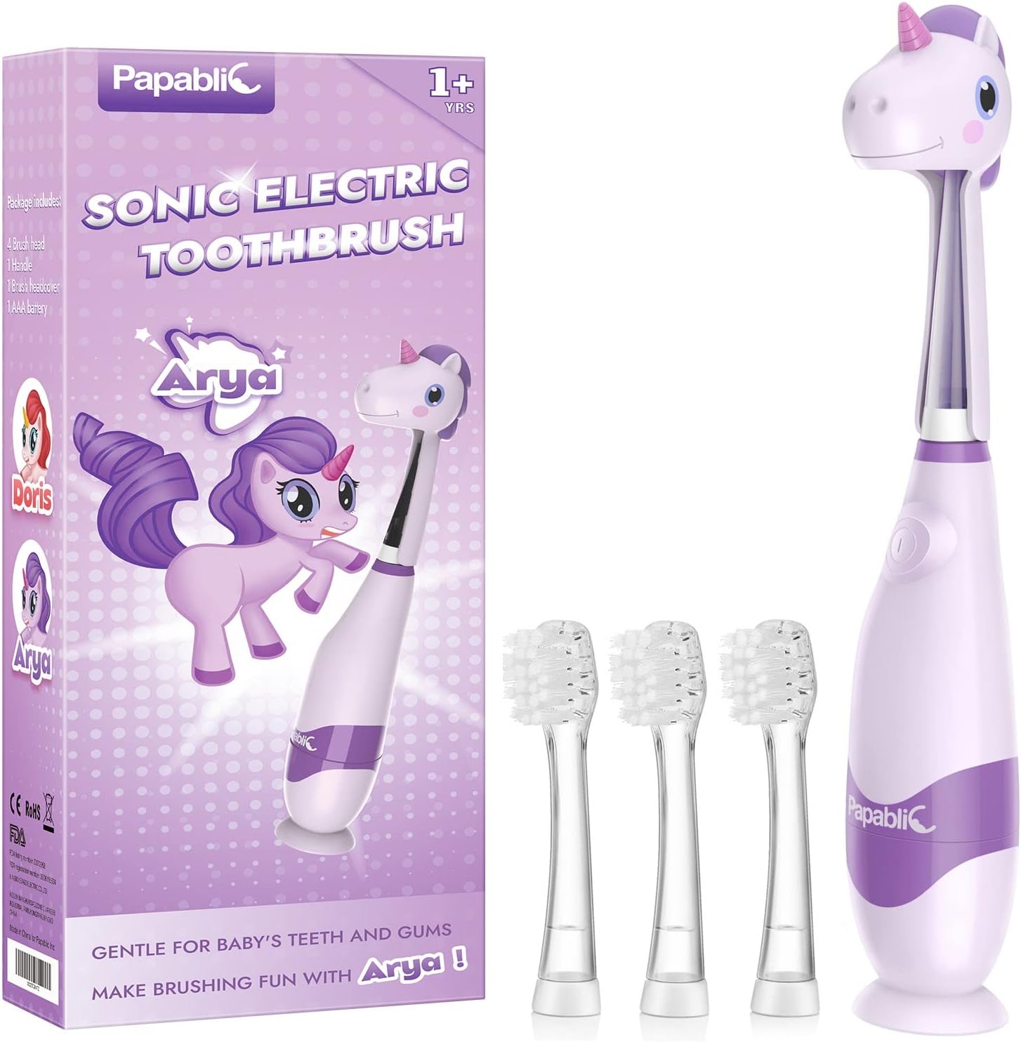 Papablic Toddler Sonic Electric Toothbrush for Ages 1-3 Years, Baby Electric Toothbrush with Cute Unicorn Cover and Smart LED Timer, 4 Brush Heads (Arya)