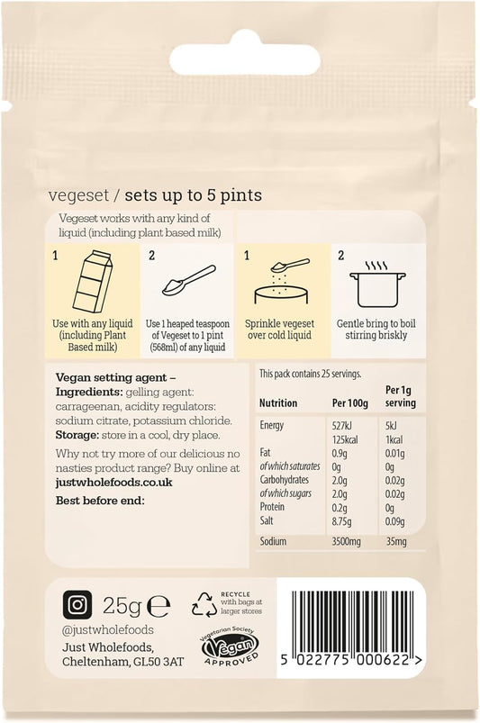 Just Wholefoods Vegeset 10 X 25G | Carrageenan, Vegan Gelatine Alternative, Sets Clear | Sets Up To 50 Pints Of Any Liquid