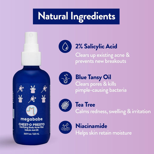 Megababe Chest-O Presto | Clarifying Body Acne Mist | Benzoyl Peroxide Free | 3.8 Fl Oz