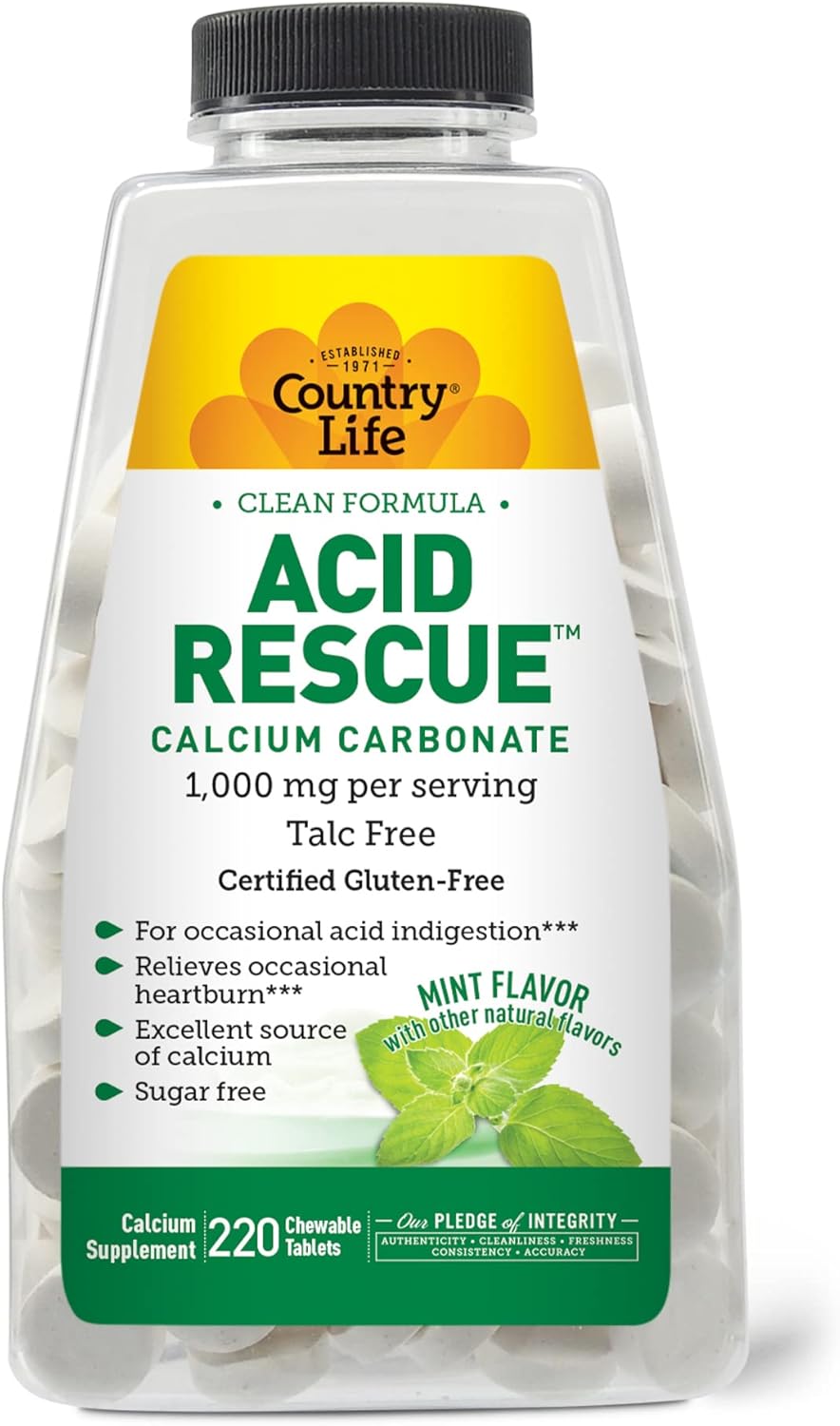 Country Life Acid Rescue Chewable Tablets - Certified Vegan & Gluten-Free Heartburn Relief, 400Mg Calcium & Magnesium, Non-Gmo, Sugar-Free Mint Flavor, Supports Bone Health, 220 Count