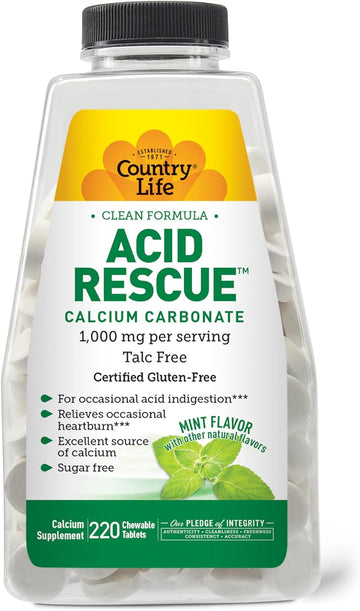Country Life Acid Rescue Chewable Tablets - Certified Vegan & Gluten-Free Heartburn Relief, 400Mg Calcium & Magnesium, Non-Gmo, Sugar-Free Mint Flavor, Supports Bone Health, 220 Count