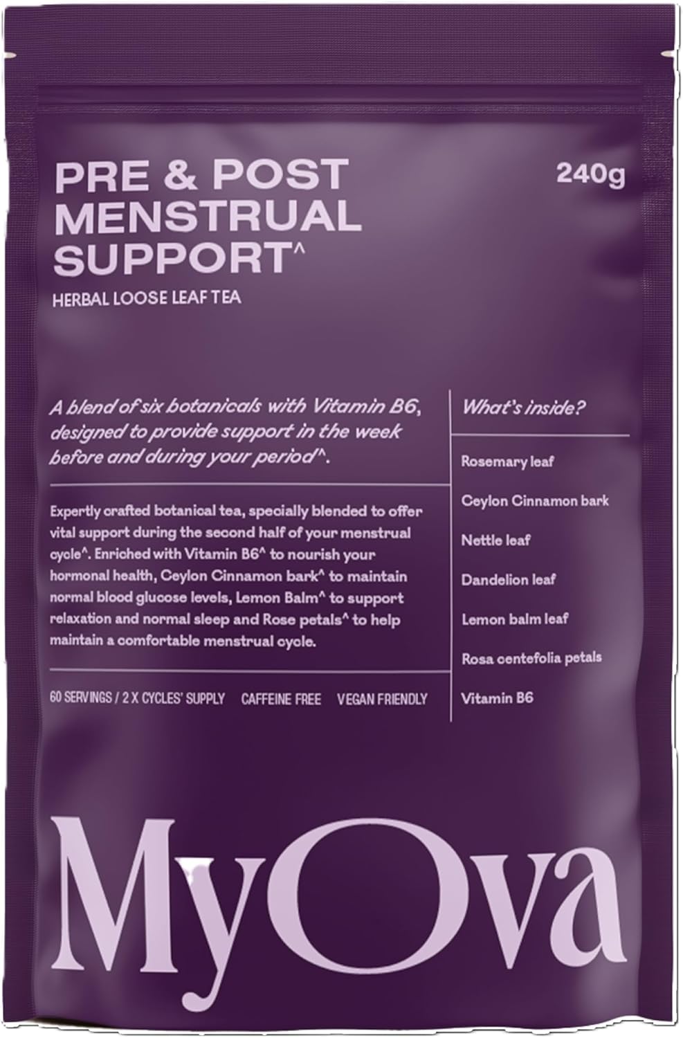 Myova Pre & Post Menstrual Support Tea - Period Pain Relief Tea - Hormone Balance With Rosemary Leaf - Lemon Balm For Bloating Relief - Vegan & Organic - 240G, 60 Servings, 30 Days Supply