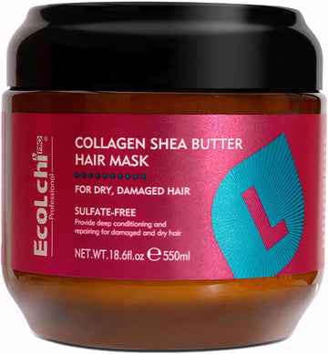 Ecolchi Collagen Shea Butter Hair Mask: Deep Repair And Conditioning Treatment With Argan Oil For Dry, Damaged Hair — Suitable For All Hair Types, 18.6 Oz (550 Ml)