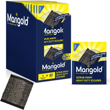 Marigold Scrub Away Stainless Steel Scourers - 20 Single Packs Of Scouring Pads - Heavy Duty Non Scratch Metal Scourer - Easy To Clean - Tackles Tough And Burnt On Food