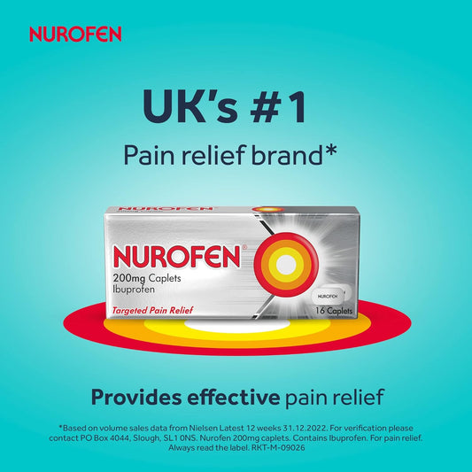 Nurofen Ibuprofen 200Mg Tablets, 16 Caplets For Headache, Migraine, Back Pain, Cold & Flu Relief, 8-Hour Painkiller, Over-The-Counter Medication