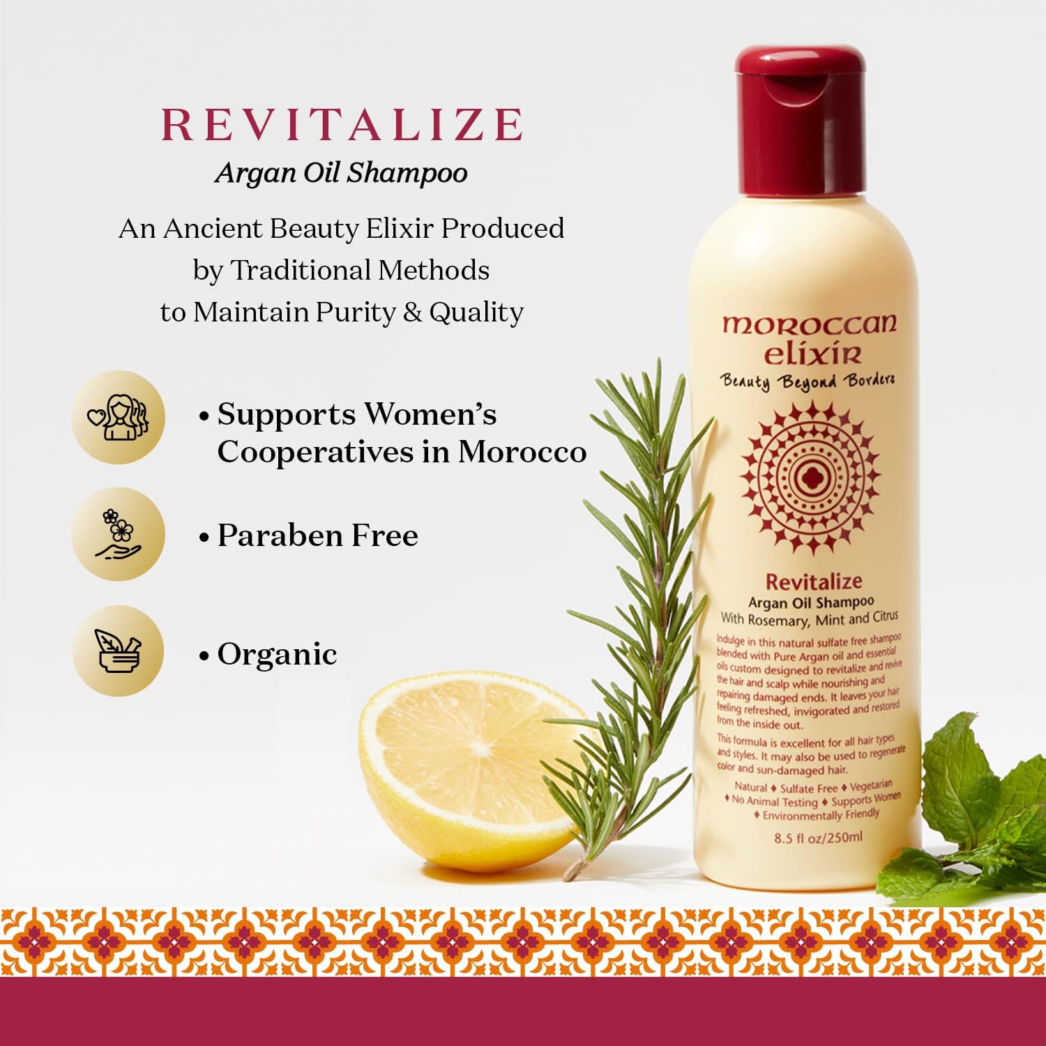 Moroccan Elixir Revitalize Argan Oil Shampoo, Paraben And Sulfate Free Shampoo Repairs Dry, Damaged, Color-Treated Hair, Tames Frizz And Promotes Growth For Strong, Shiny Hair (8.5Oz) : Beauty & Personal Care