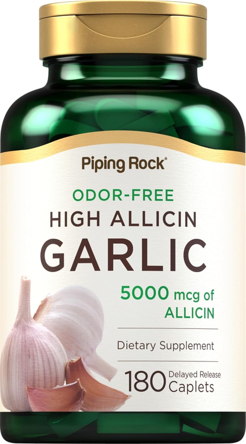 Piping Rock Odorless Garlic Supplement High Allicin | 180 Caplets | Odor Free | Vegetarian, Non-Gmo, Gluten Free