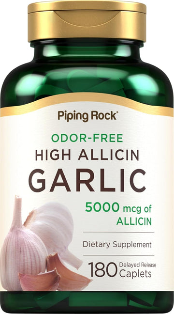 Piping Rock Odorless Garlic Supplement High Allicin | 180 Caplets | Odor Free | Vegetarian, Non-Gmo, Gluten Free
