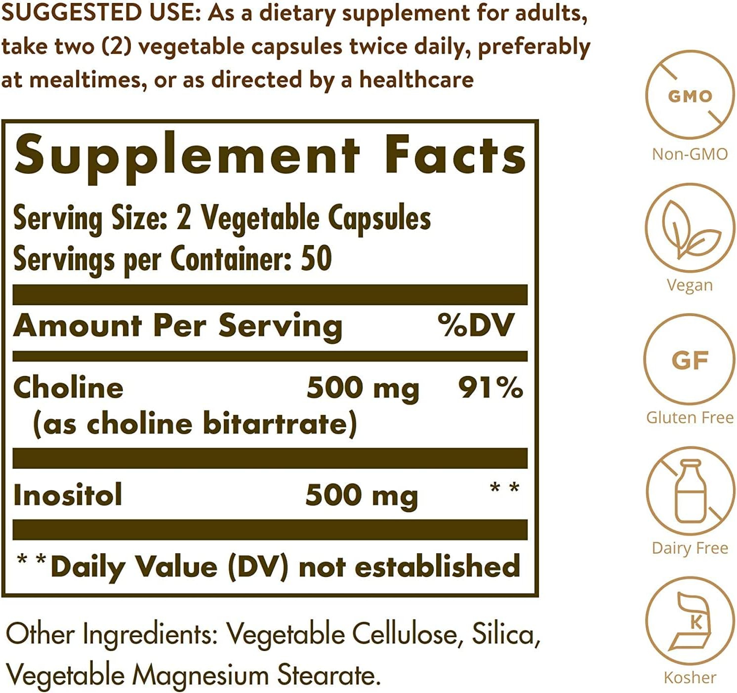 Solgar Choline/Inositol 250/250mg 100 Vcaps 3-Pack