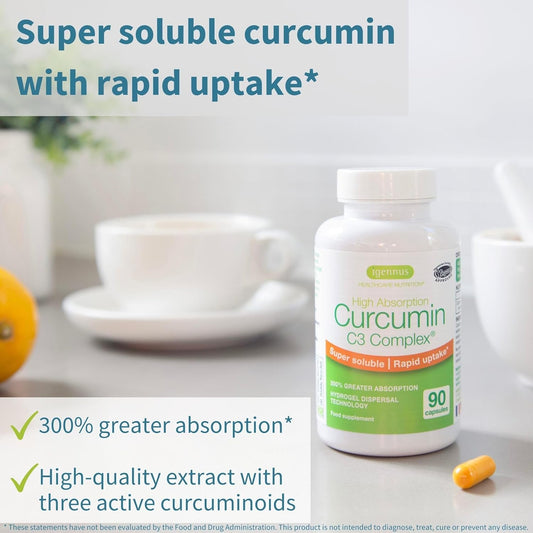 Ultra Soluble Curcumin C3 Complex, Clinically Researched Curcuminoid Supplement, 300% Greater Absorption, Clean Label, Rapid Uptake, 90 Vegan Capsules, By Igennus