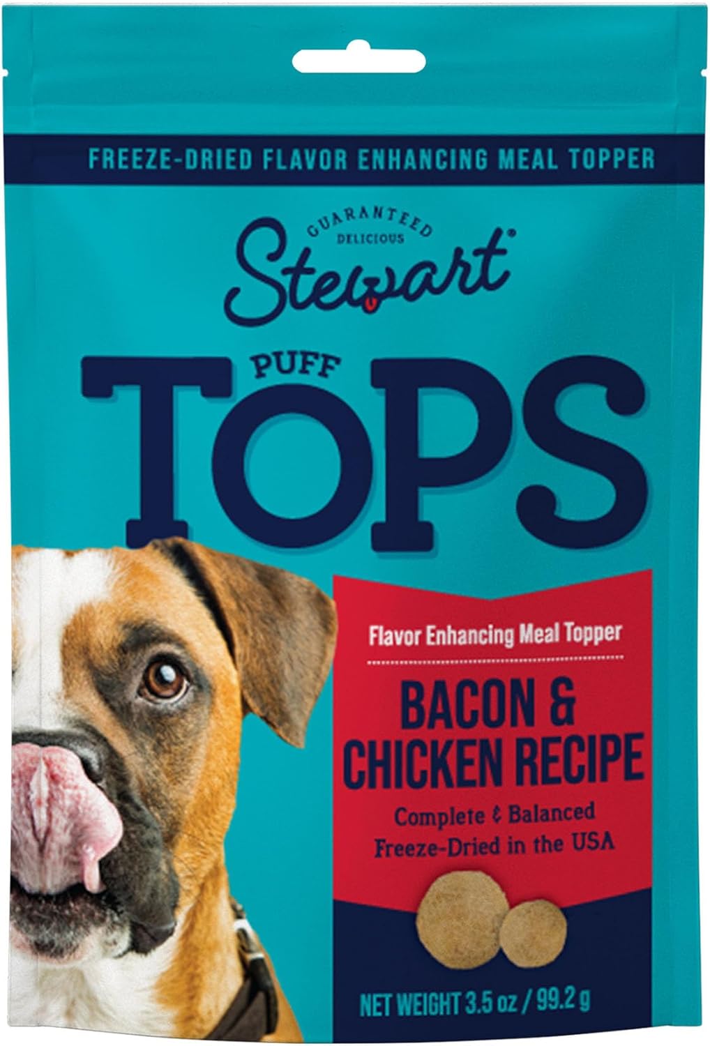 Stewart Freeze Dried Dog Food Topper, Pufftops, Made In Usa With Real Bacon, Healthy, Natural, Freeze Dried Dog Treats, Bacon, Chicken, Apple, And Kale Recipe, 3.5 Ounce Resealable Pouch