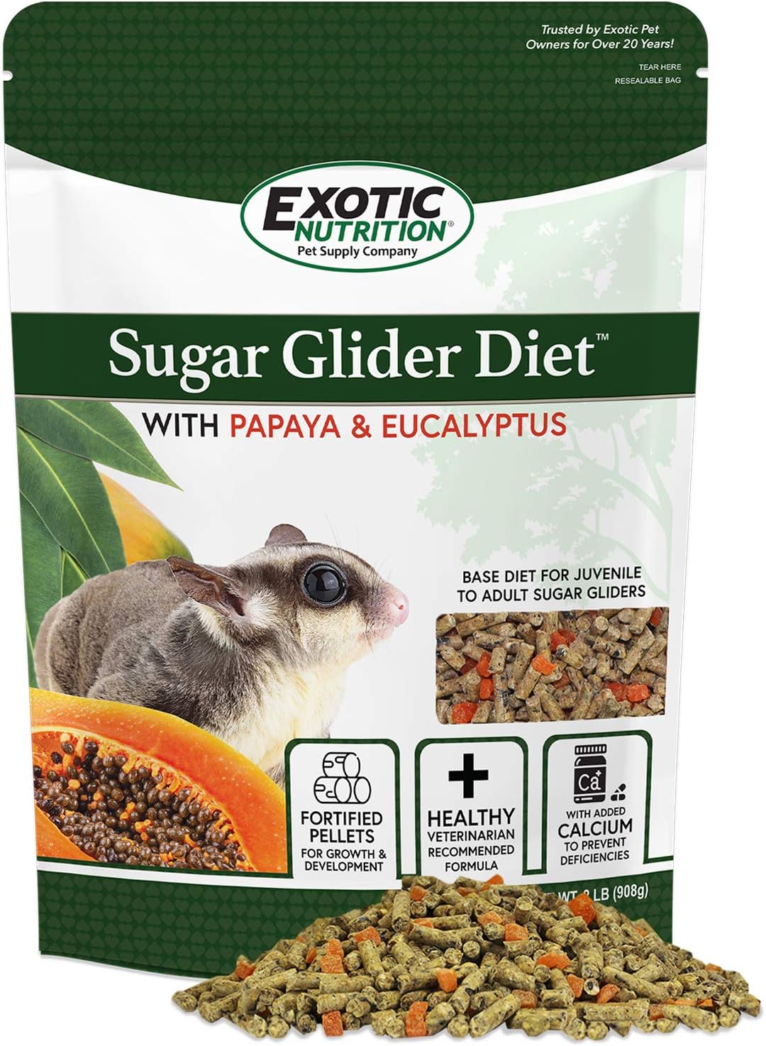 Sugar Glider Diet With Papaya And Eucalyptus (2 Lb) - High Protein All Natural Healthy Sugar Glider Food - Nutritionally Complete Staple Diet