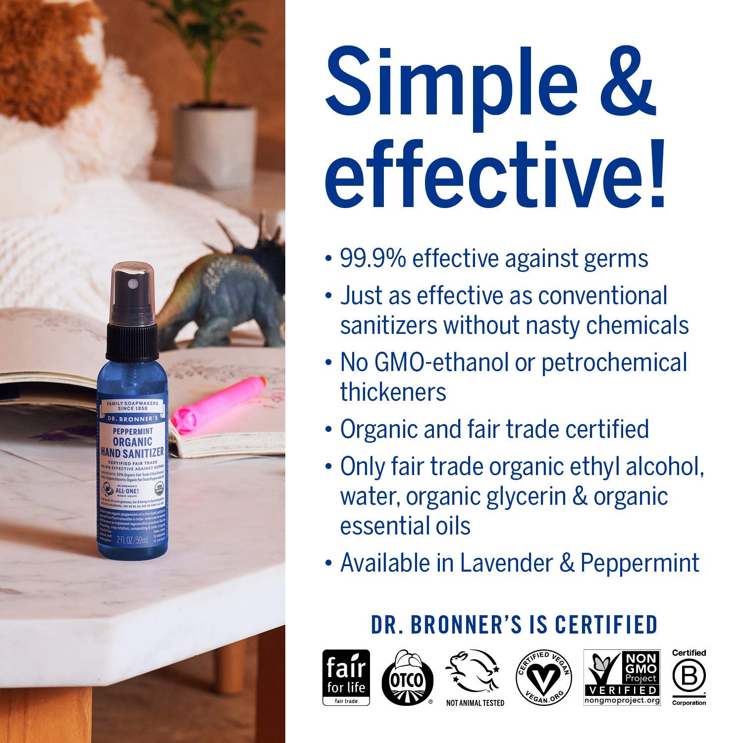 Dr. Bronner's - Organic Hand Sanitizer Spray Variety Pack (Lavender & Peppermint, 2 oz, 6-Pack) Simple & Effective Formula, Cleanses & Sanitizes, No Harsh Chemicals : Health & Household