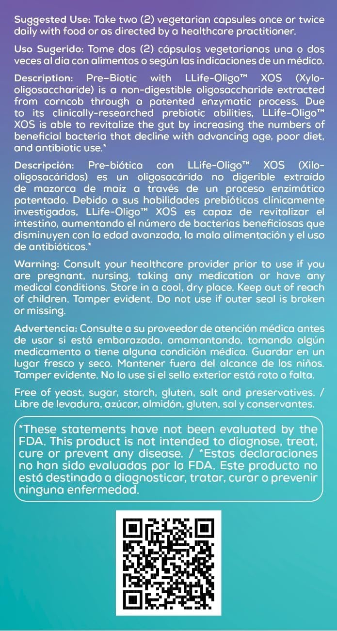 Bio Nutrition Inc Pre-Biotic Fiber - Llife-Oligo - 1400 Mg - 60 Vegetarian Capsules - Gluten Free - Improves Gut Health - Clinically Tested By